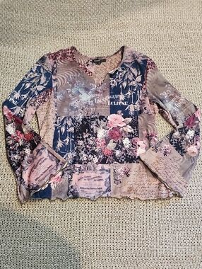 Y2K Pink Multicolor Floral Patchwork Wide Sleeve Babydoll Blouse